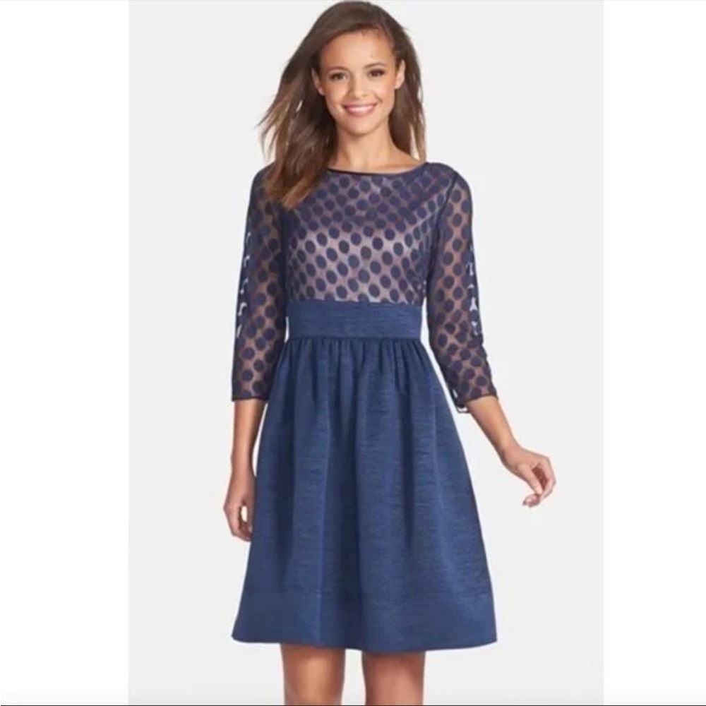 Eliza J Dot Mesh Bodice Fit Flare Dress Navy‎